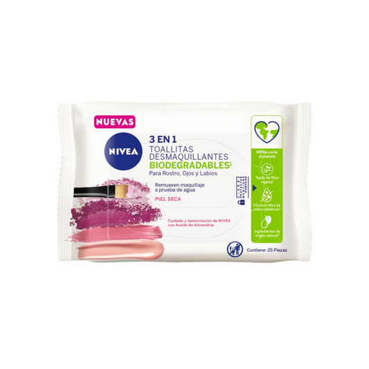 Toallitas desmaquillantes Nivea 3 en 1 piel seca 25 unidades